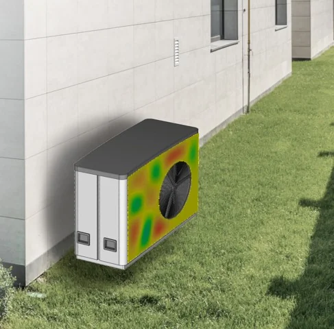 Heat pump in front of a house with a vibrating housing simulation from finite element analysis. / Waermepumpe vor einem Haus mit einer schwingenden Gehaeuse-Simulation aus der Finite-Elemente-Analyse.