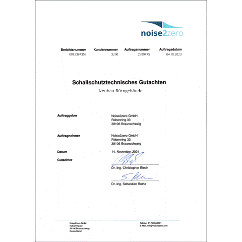 Cover page of an acoustic report on sound insulation, noise emissions, and room acoustics. / Deckblatt eines Akustikgutachtens zu Schalldaemmung, Laermimmissionen und Raumakustik.