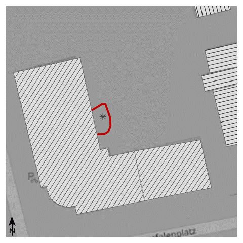 Noise map with a sound source in front of a building wall, used for noise prediction and evaluation. / Laermkarte mit einer Schallquelle vor einer Hauswand zur Laermprognose und Bewertung.