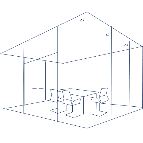 Pictogram of an office with and without acoustic measures, illustrating the benefits of room acoustics. / Piktogramm eines Buero mit und ohne Akustikmassnahmen, das die Vorteile der Raumakustik verdeutlicht.