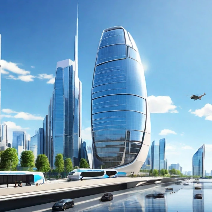 Moderne Stadt mit Hochhäusern, Glasfassaden und Verkehr. Flugzeuge am Himmel – Symbol für Schallschutz & Bauakustik. / Modern city with skyscrapers, glass facades, and traffic. Airplanes in the sky – Symbol of soundproofing & building acoustics.