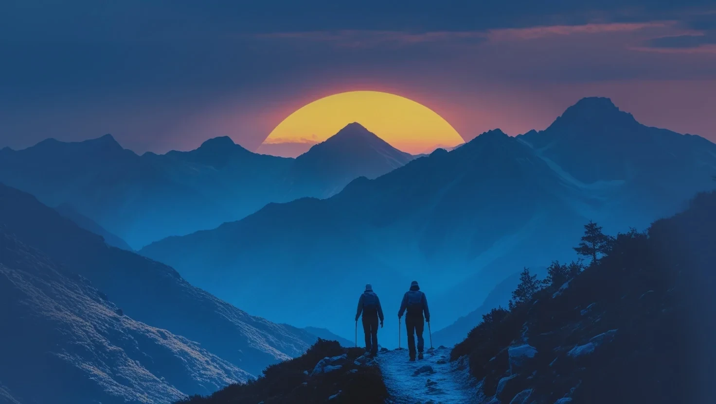 Zwei Wanderer (unsere Gründer) auf dem Weg zur Firma, symbolisieren unsere Vision in der Akustik. / Two hikers (our founders) on the way to the company, symbolizing our vision in acoustics.